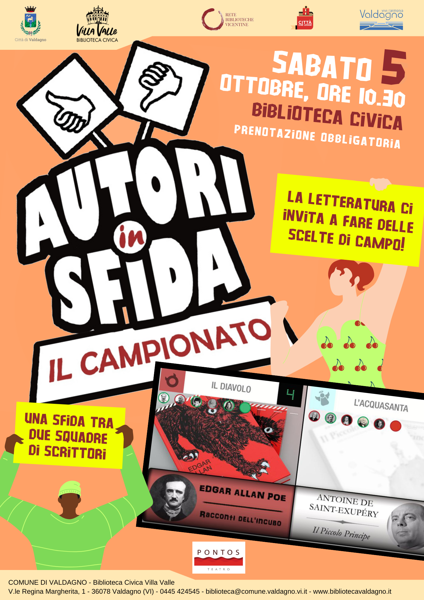 AUTORI IN SFIDA - IL CAMPIONATO
SABATO 5 OTTOBRE, ore 10.30, Biblioteca Civica
prenotazione obbligatoria
La letteratura ci invita a fare delle scelte di campo!
Una sfida tra due squadre di scrittori
"Il diavolo e l'acquasanta"