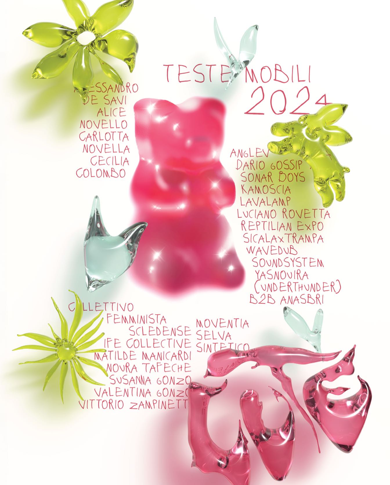 I protagonisti del festival TESTE MOBILI 2024: Alessandro de Savi, Alice Novello, Carlotta Novella, Cecilia Colombo, Anglev, Dario Gossip & Sonar Boya, Kamoscia, Lavalamp, Luciano Rovetta, Reptilian Expo, SicalaxTrampa, Wavedub, Soundsystem, Yasnouira (Underthunder), B2B Anasbri, Collettivo femminista scledense, Ife Collective, Matilde Manicardi, Moura Tafeche, Susanna Gonzo, valentina Gonzo, Vittorio Zampinetti, Moventia, Selva, Sintetico